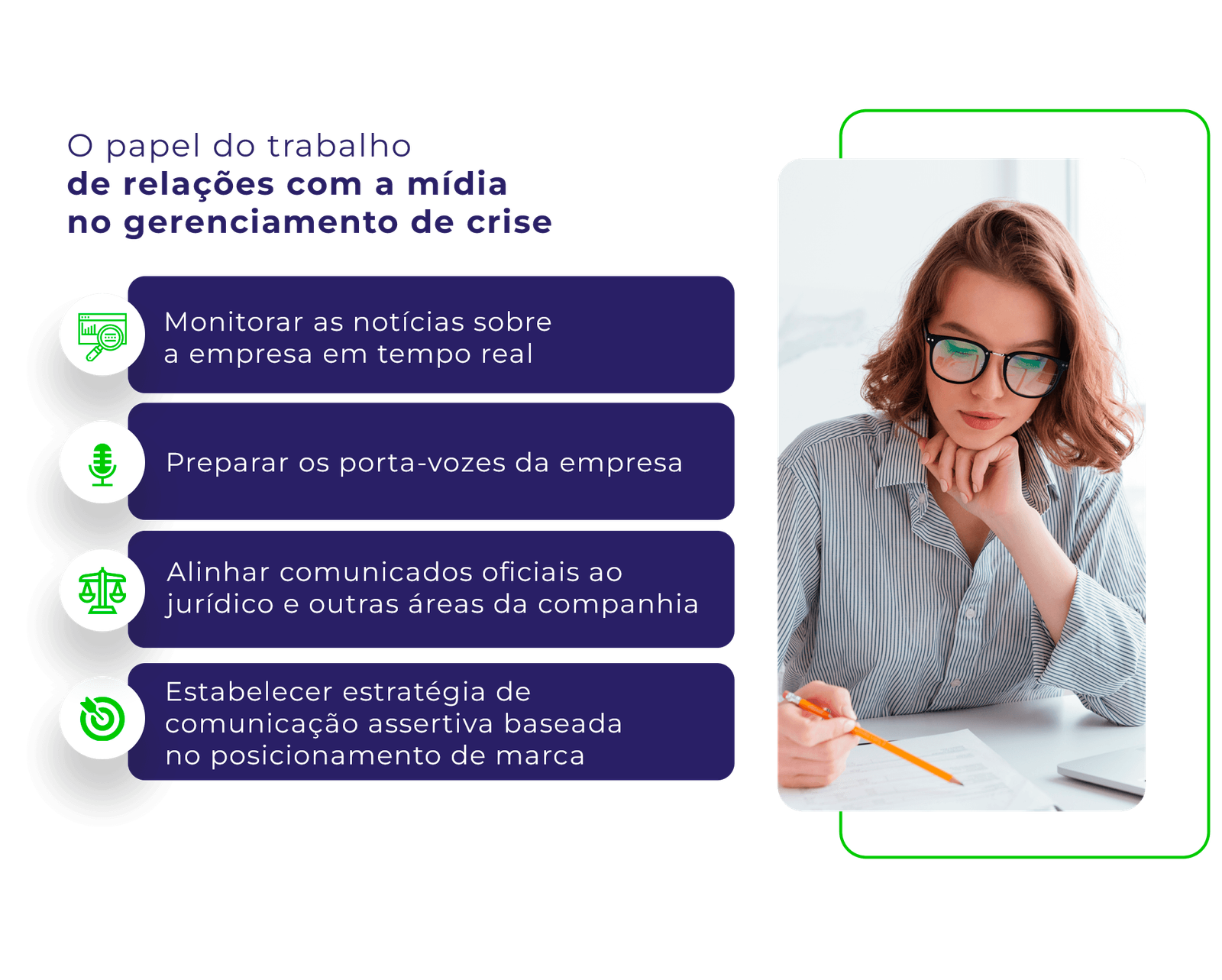 Imagem ilustrativa destacando o papel das relações com a mídia no gerenciamento de crise. No lado esquerdo, há quatro ícones verdes com textos correspondentes: "Monitorar as notícias sobre a empresa em tempo real", "Preparar os porta-vozes da empresa", "Dependendo do caso, alinhar um comunicado oficial ao jurídico da companhia", e "Estabelecer uma estratégia de comunicação assertiva, baseada no posicionamento da marca". No lado direito, há uma mão prestes a derrubar uma fileira de dominós, com um hexágono azul escuro ao fundo